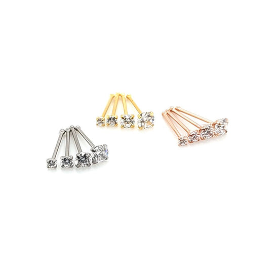 22G Nose Stud Ball End, CZ Prong Set-316L S. Steel Gold & Rosegold