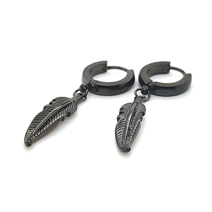 Round Hoop Earring w/Big Feather- Black Steel