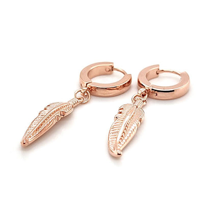 Round Hoop Earring w/Big Feather- Rosegold Steel