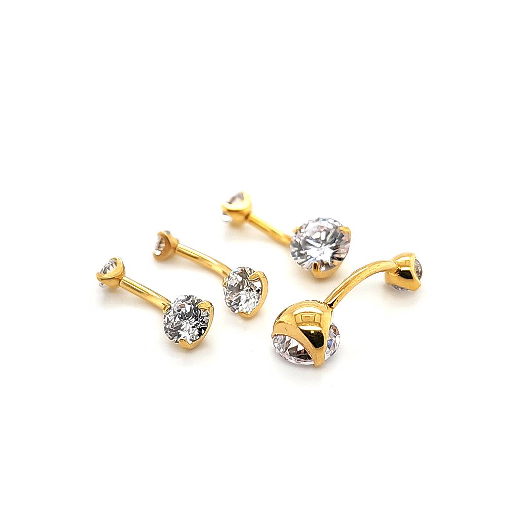 14G Belly CZ Prong Set-Gold Steel