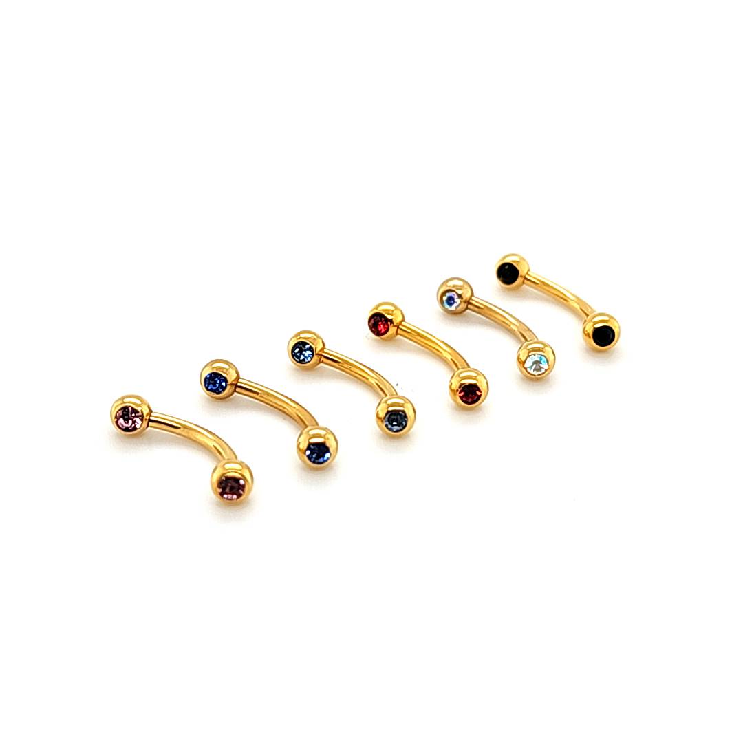 16G Eyebrow, Jeweled-Gold Steel