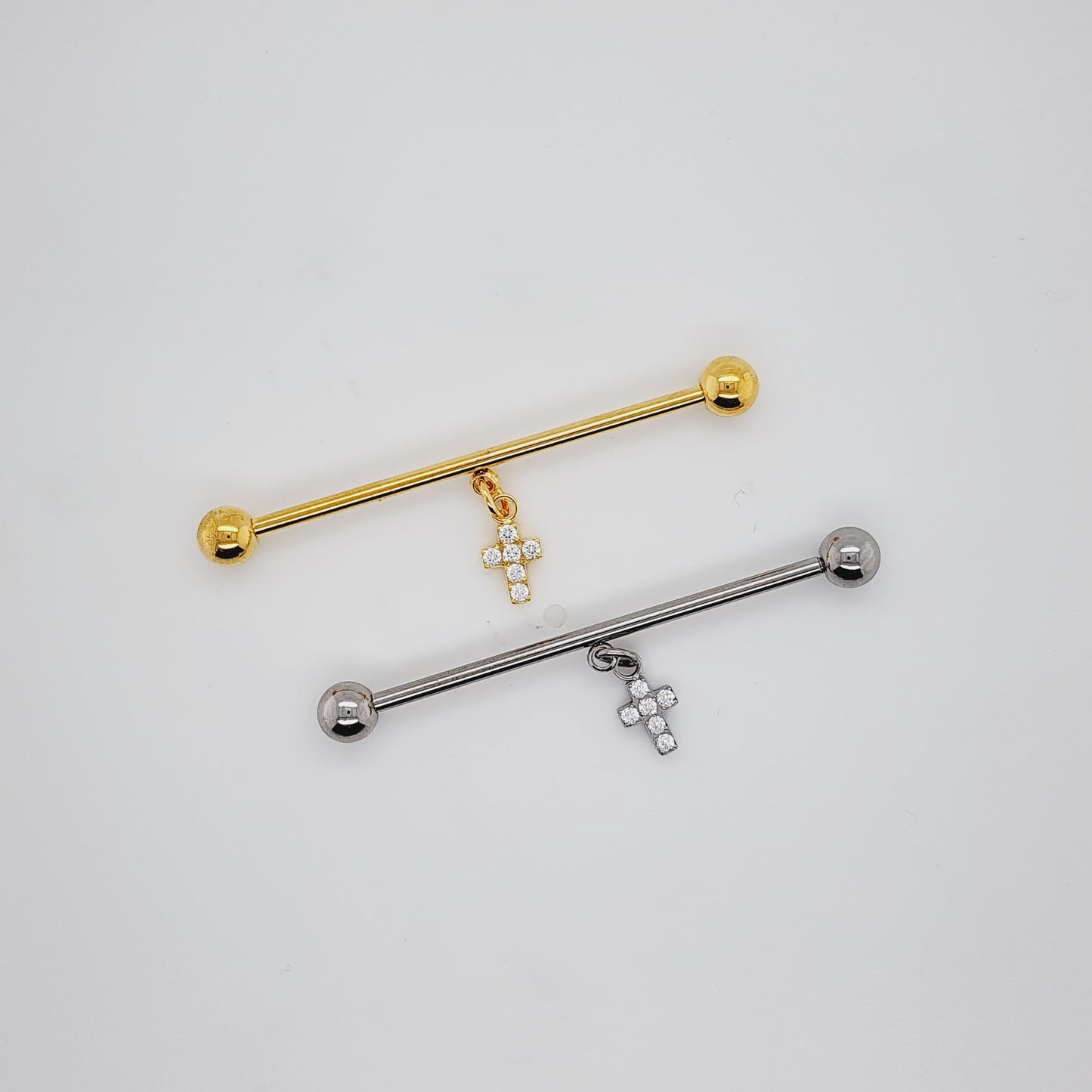 16g/14g Industrial Barbell- Casting CZ Cross Dangle- 316L S. Steel