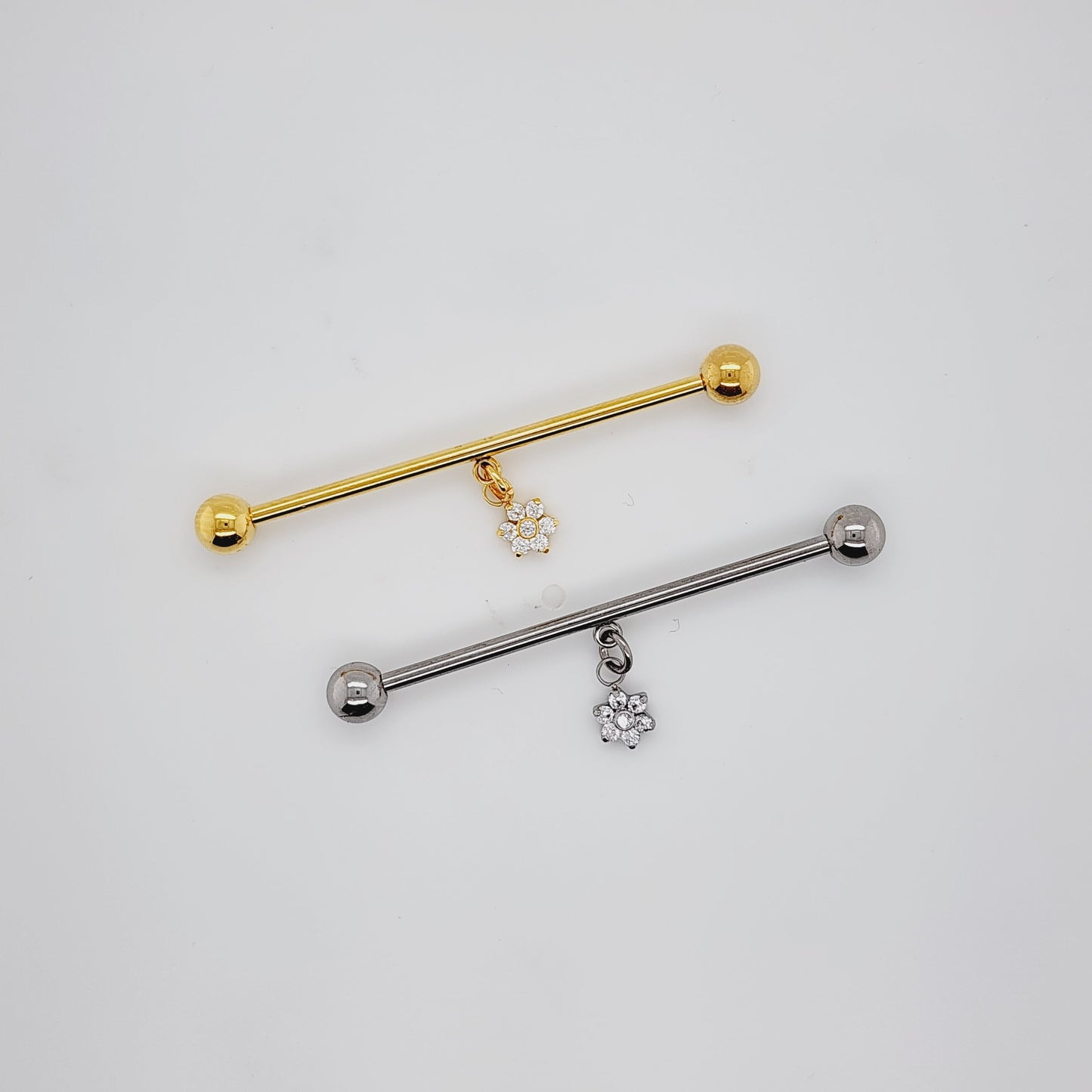 16g/14g Industrial Barbell- Casting CZ Flower Dangle- 316L S. Steel