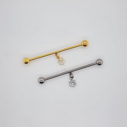 16g/14g Industrial Barbell- Casting CZ Flower Dangle- 316L S. Steel