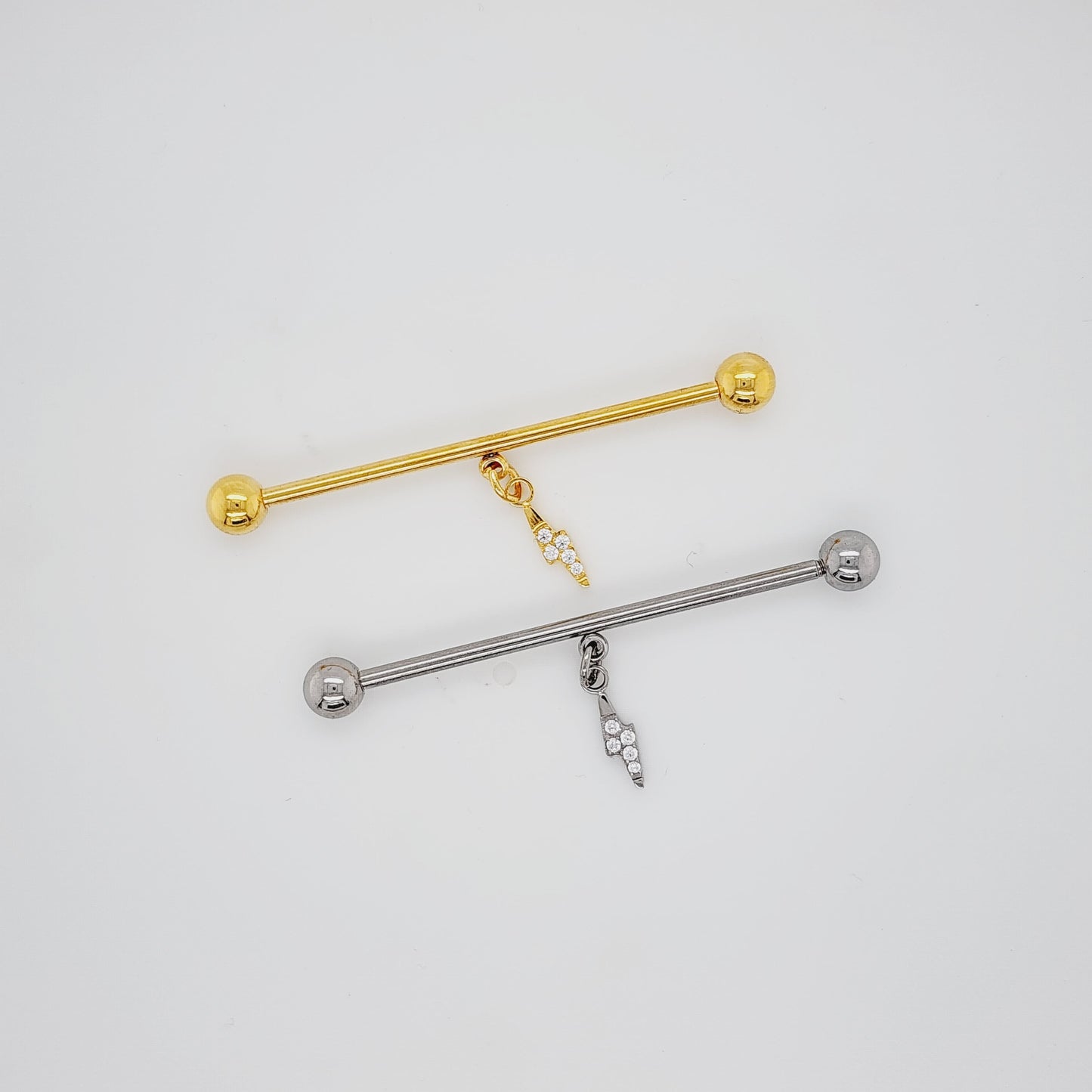 16g/14g Industrial Barbell- Casting CZ Lighting Bolt Dangle- 316L S. Steel