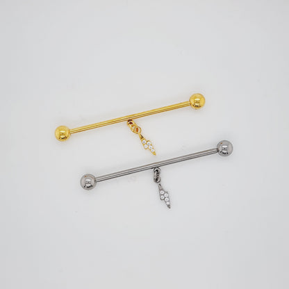 16g/14g Industrial Barbell- Casting CZ Lighting Bolt Dangle- 316L S. Steel
