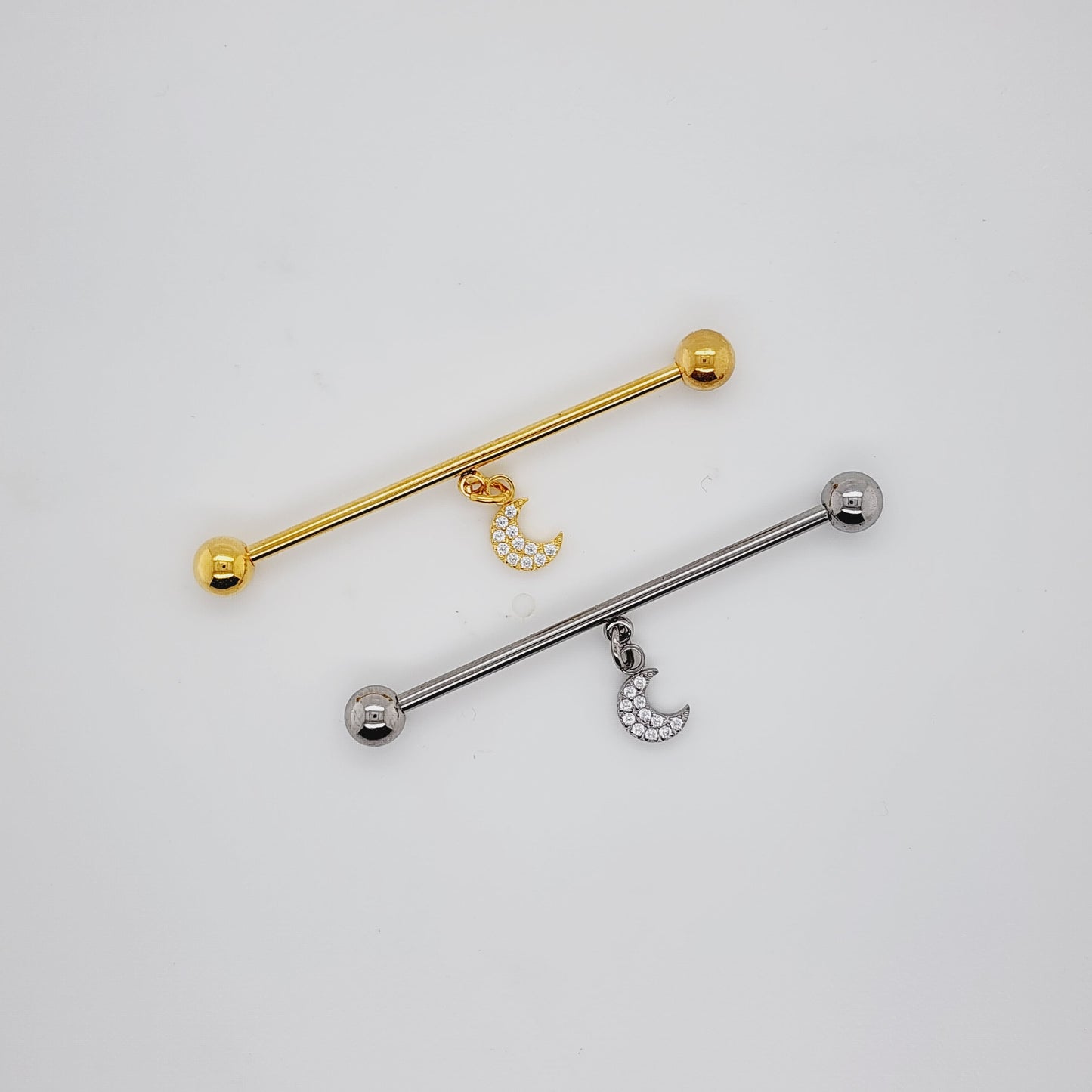 16g/14g Industrial Barbell- Casting CZ Moon Dangle- 316L S. Steel