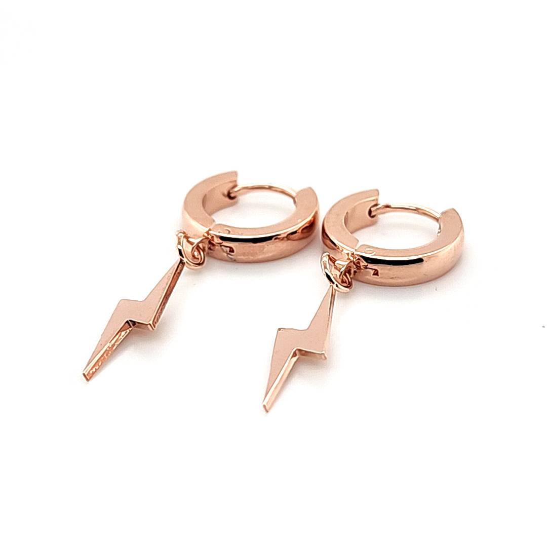 Round Hoop w/Lightning Bolt Dangle Earring- Rosegold Steel