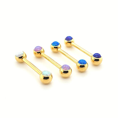14G Nipple Barbell, Opal See front -Gold Steel