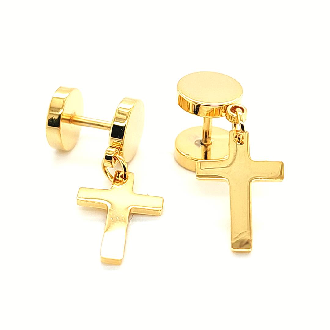 16G Fake Barbell, Cross Dangle-Gold Steel