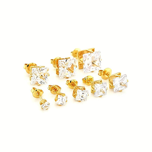 Square Clear CZ Earstud Light Weight- Yellow Gold