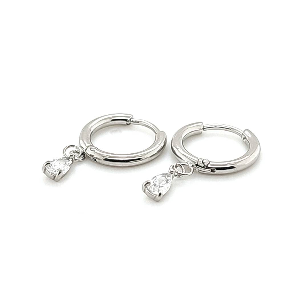 Thin Round Hoop Earring w/Tear Dropp CZ - 316L S. Steel