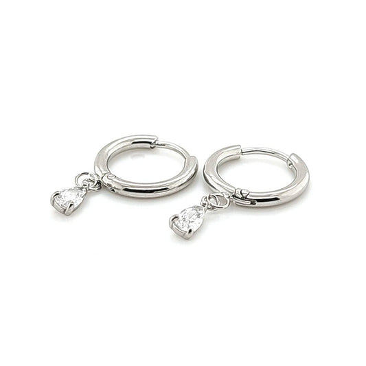 Thin Round Hoop Earring w/Tear Dropp CZ - 316L S. Steel