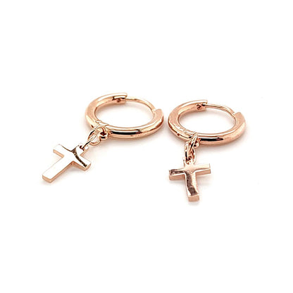 Thin Round Hoop w/Small Cross Dangle Earring- Rosegold Steel