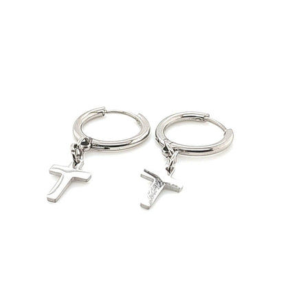 Thin Round Hoop w/Small Cross Dangle Earring- 316L S. Steel